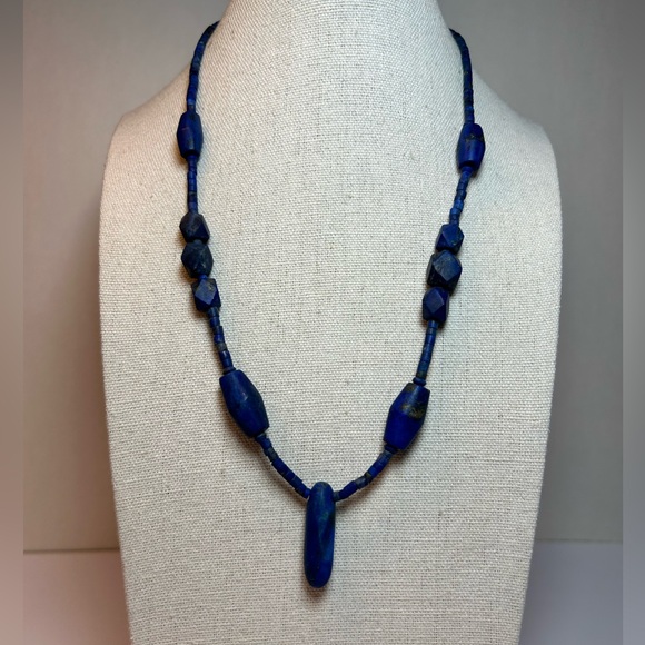 Natural Old Lapis Lazuli Heishi Style Tube Beads Necklace Vintage - Picture 2 of 8